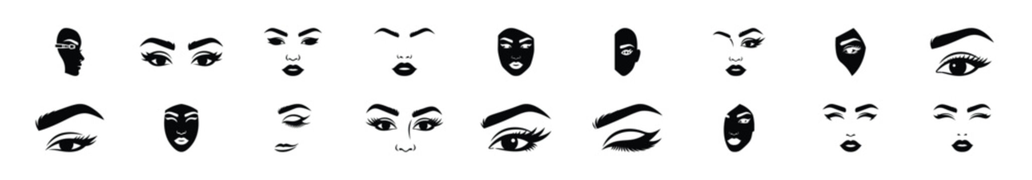 Minimalist silhouette drawings of  permanent makeup vector icon set. Beauty icons solid silhouette styles for graphic design illustration.