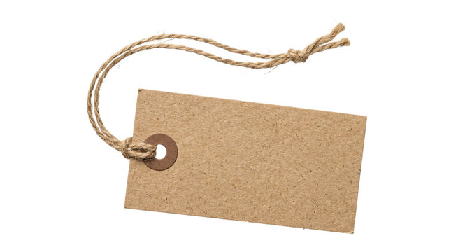 Brown paper price tag with twine string for retail sale clothing label and blank cardboard gift message.