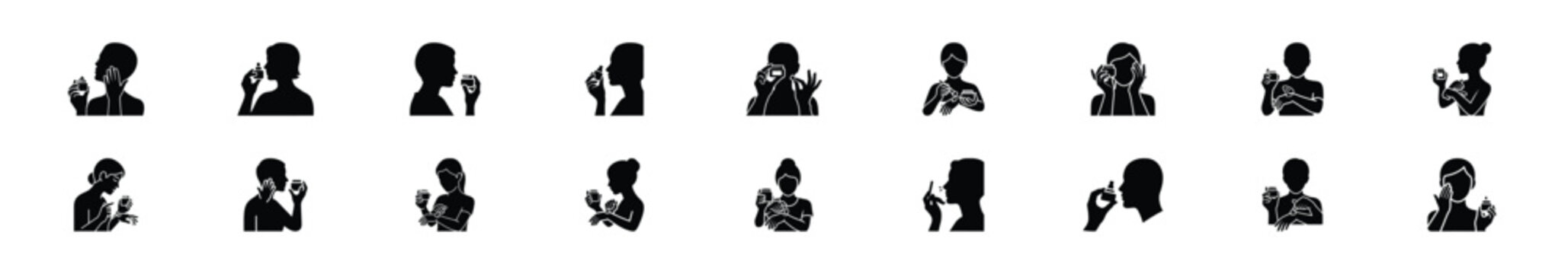Minimalist silhouette drawings of  product tester vector icon set. Beauty icons solid silhouette styles for graphic design illustration.