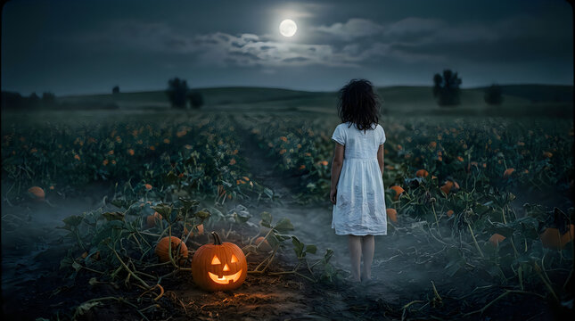 Girl in pumpkin patch, isolated on transparent background
