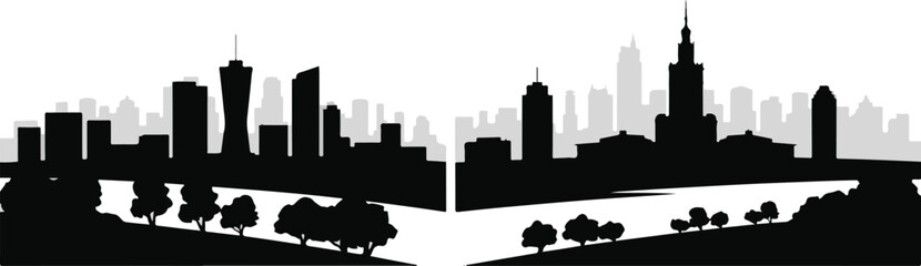 Obraz premium Panoramic city skyline silhouette with modern skyscrapers and park trees showing urban landscape architecture and metropolitan view.