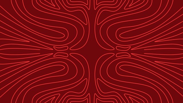 Deep red abstract background featuring symmetrical linear topographic contour patterns.