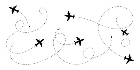 Airplane route, dotted flight path with flying plane symbol, twisted curved straight and heart shape dashed travel trace lines vector illustration. ©    