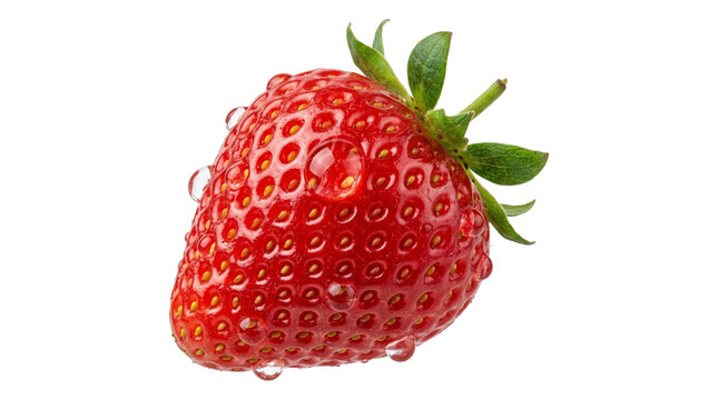 Fresh red strawberry with water drops and green leaves for healthy organic fruit eating and food snacks.