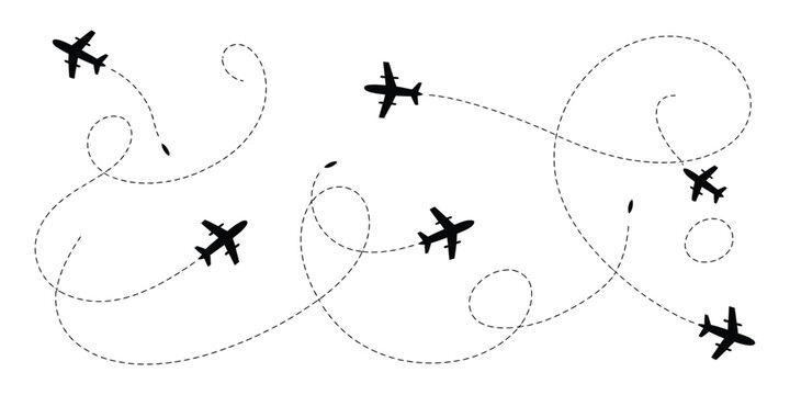 Airplane route, dotted flight path with flying plane symbol, twisted curved straight and heart shape dashed travel trace lines vector illustration.