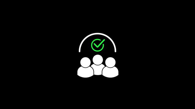 Animation of a single person icon expanding into a group of three with a chick mark, representing successful team building, verified team, human resources approval, and collective achievement.
