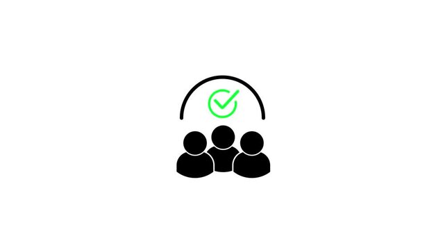 Customer verification group animation with user profile icons and green checkmark tick symbol isolated on white background for business team approval or target audience confirmation elements.