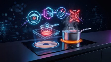 Fototapeta premium Induction cooktop with illuminated icons demonstrating features, including induction readiness and material compatibility, alongside a pot emitting steam in a modern kitchen setting