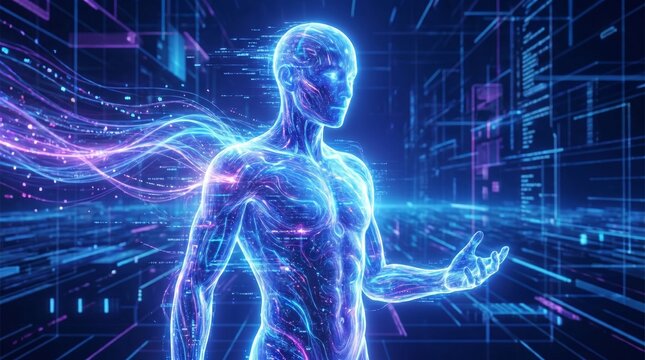 Futuristic human merging with digital energy in high tech environment