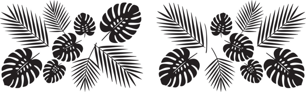 Pair of tropical botanical arrangements featuring monstera leaves and slender palm fronds in black isolated silhouette style.