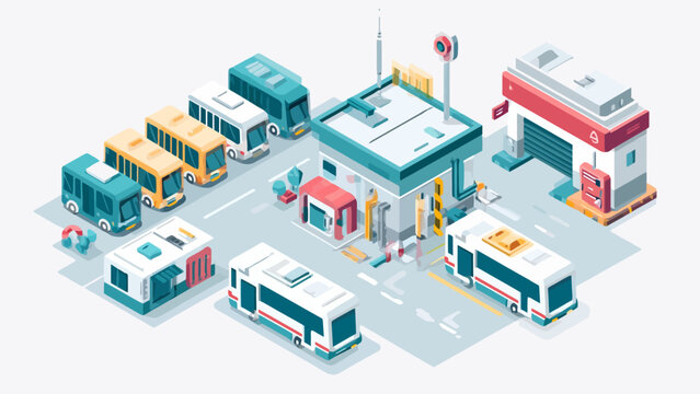 An isometric illustration of a modern bus depot with several parked vehicles