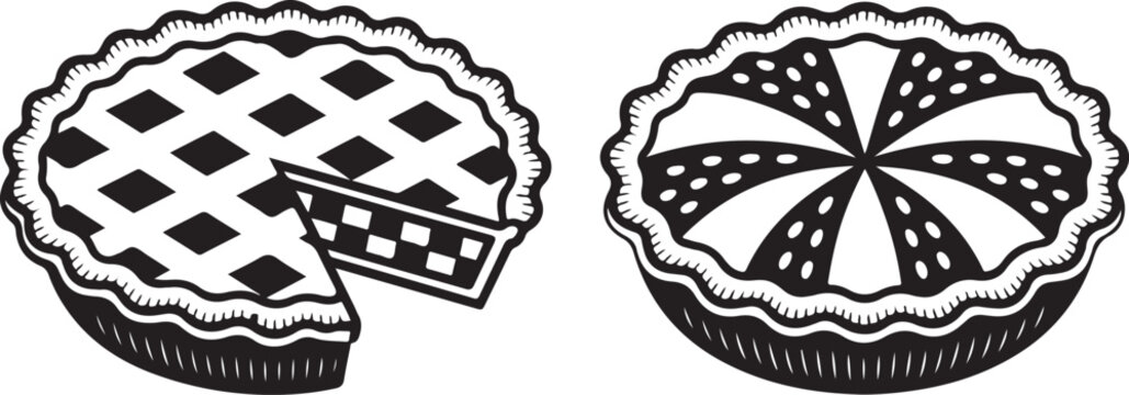 Two delicious baked pies with crust patterns featuring diamond grid slice and starburst cutout design for bakery shop display.