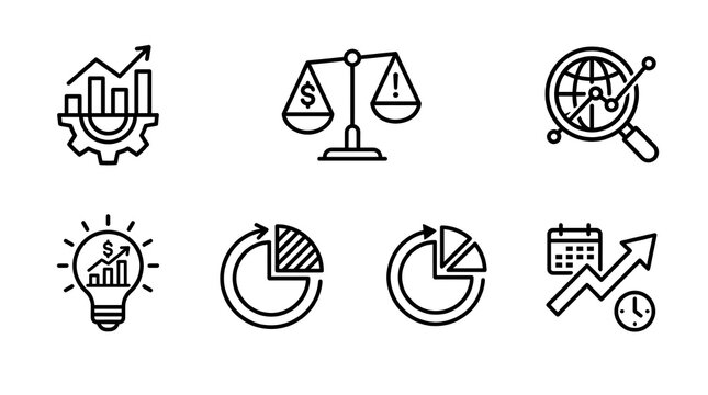 A set of 7 line icons related to business and data analysis
