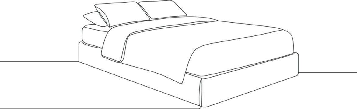 Continuous line drawing of a modern double bed furniture piece. Editable thin outline. Hand made doodle vector illustration