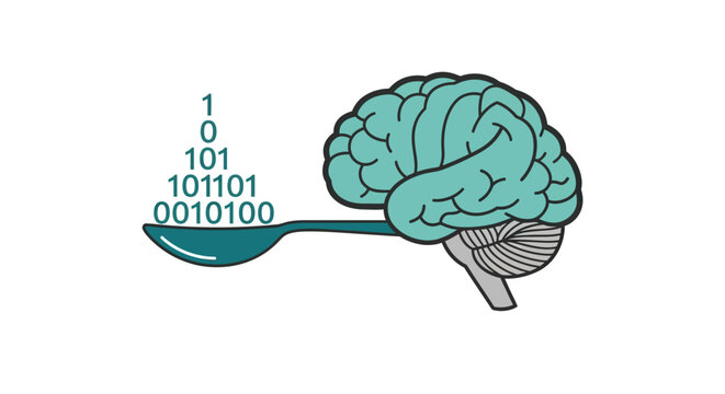 Conceptual Illustration of a Human Brain Being Spoon-Fed Binary Code Data