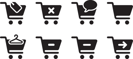 Shopping cart icons collection for e-commerce website interface elements featuring various purchase actions and store features. © Kamrun82