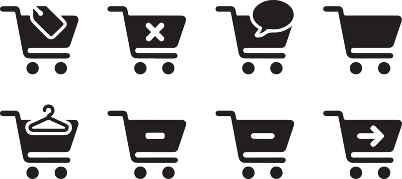 Shopping cart icons collection for e-commerce website interface elements featuring various purchase actions and store features.