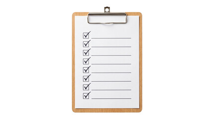 Wooden clipboard with white paper checklist and black check marks for organization and task management. © Png ProTeam