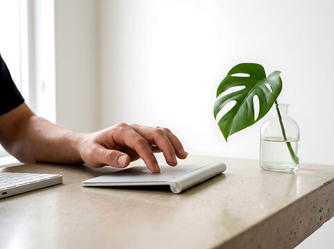 Silver touchpad with hand monstera leaf and laptop on a light surface