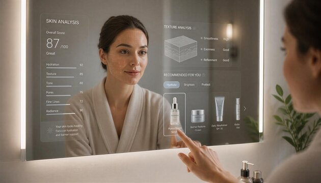 Frau nutzt intelligenten Spiegel f&uuml;r KI-Hautanalyse, Smart Home Beauty Tech