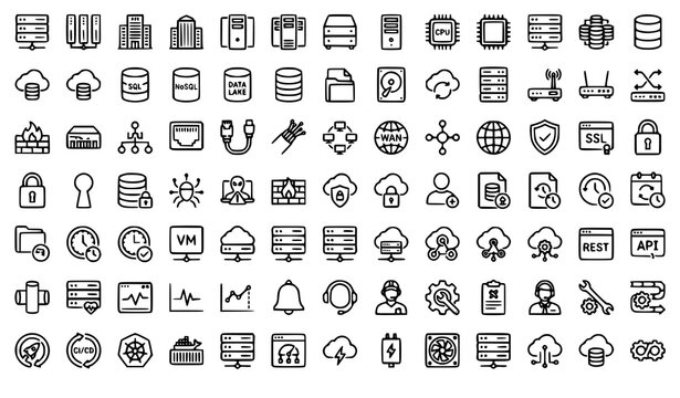 Data Center and Cloud Computing Line Icon Set with Server Database Network Storage and Cyber Security Symbols
