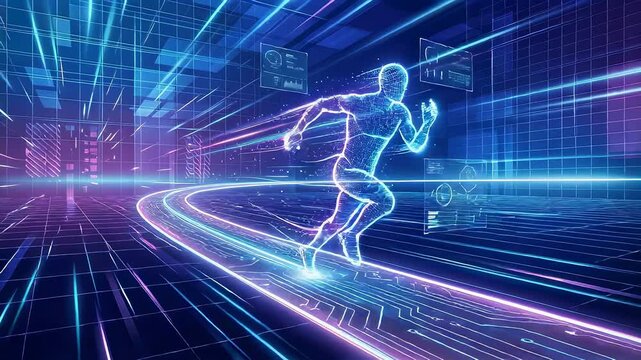 Man running through a futuristic digital neon track. Virtual athlete racing in a cyber space environment. Abstract technology speed animation for sport concept.