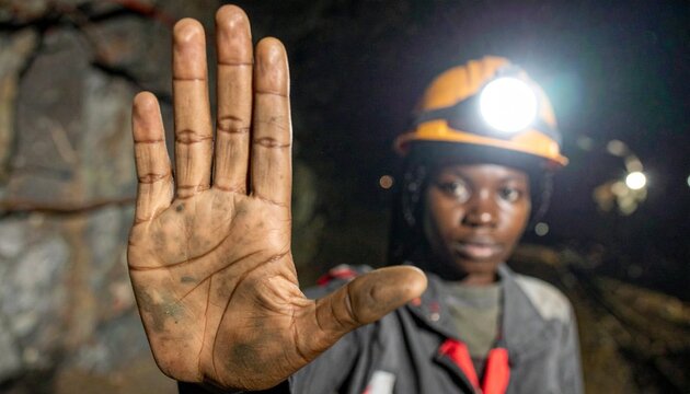 A miner wearing a hard hat with a headlamp, showing a dirty hand with a stop gesture, inside a dark mine shaft.