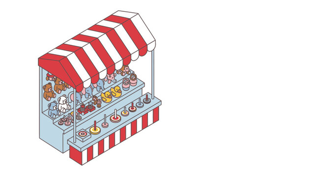 A cheerful outdoor market stand under a bright red and white striped canopy providing various engaging games and delightful refreshments for happy families and eager children enjoying festival