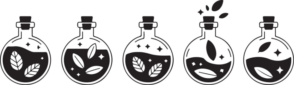 Glass bottles with magical potion liquid and floating forest leaves isolated on transparent background for fantasy concept.
