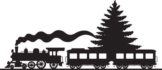 Old fashioned steam train pulling passenger carriages with large evergreen pine tree on flatcar for holiday travel concept art. © Kamrun82