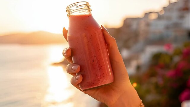 Hand Holding Red Fruit Smoothie Bottle at Golden Sunset by the Sea