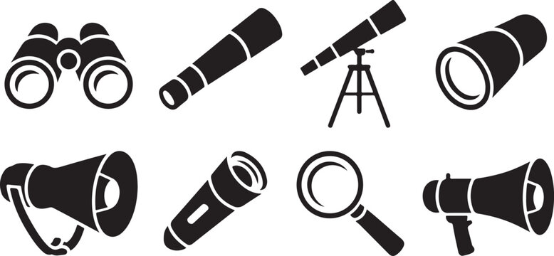 Optical instruments collection including binoculars telescopes spotting scopes megaphones flashlights and magnifying lens tools.