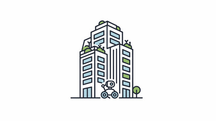 A small robot stands in front of a modern building with green roof gardens © Delima
