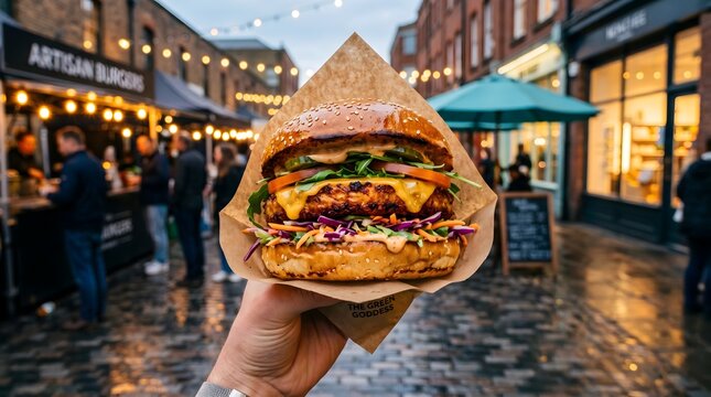 Hand holding a gourmet artisan burger wrapped in paper at an outdoor food festival