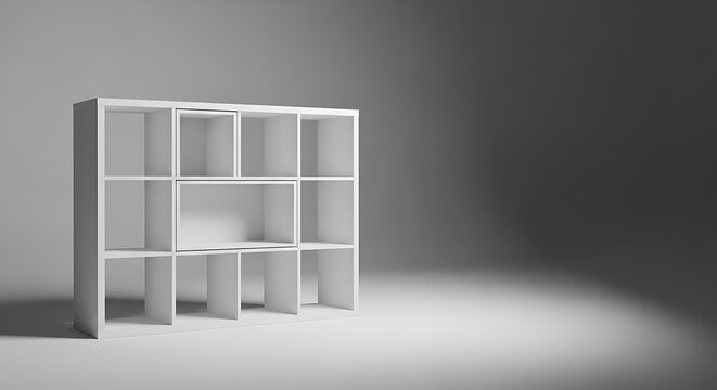 A minimalist white cubby shelf illuminated by dramatic lighting on a gradient background
