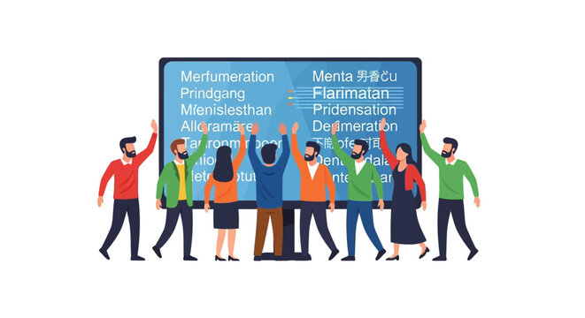 Professional Team Collaborating on Global Communication and Multilingual Translation via Large Digital Screen Illustration