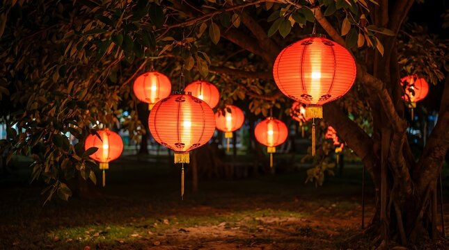 People walking under glowing red lanterns in nighttime garden with lush trees and warm lighting