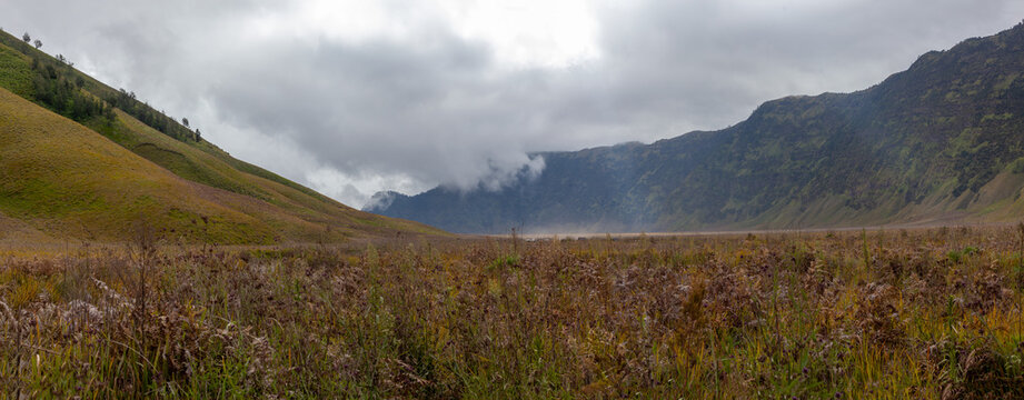 Panoramic view of Bromo Tengger Semeru national park landscape with volcanic hills and green savanna under cloudy sky.