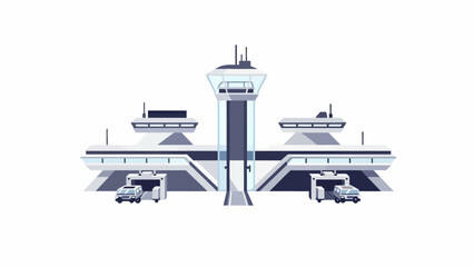A modern airport control tower stands tall against a clean white background © Rajamu