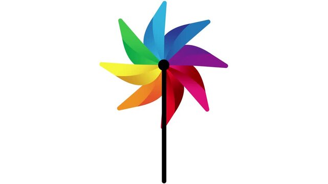 Colorful pinwheel toy rotates on solid white background. Add looping motion graphic to kids entertainment projects. Use summer childhood concept video for digital marketing.