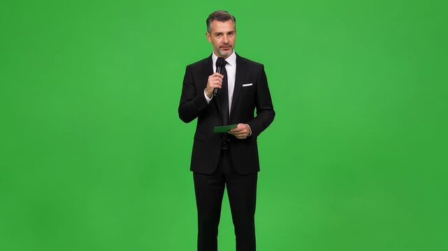 Distinguished Man in Sharp Black Suit Speaking Into Microphone Holding Green Card, Professional Presenter, Event Host, Formal Occasion