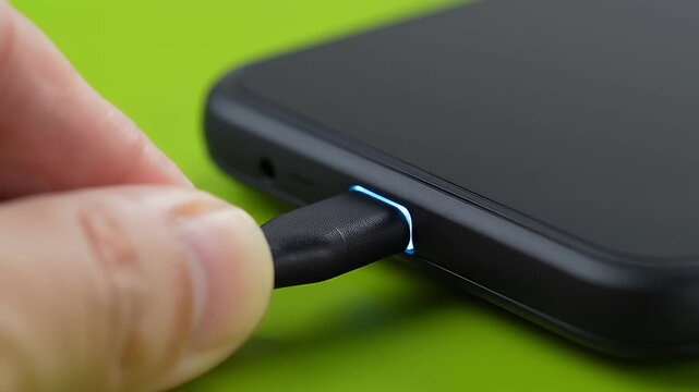 Extreme closeup of a hand plugging a USB cable into a black smartphone with a glowing blue charging port indicator on a vibrant green surface