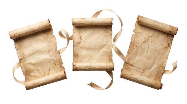 Rolled parchment elements for historical themes, fantasy projects and creative design resources. Isolated on White background.