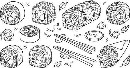 Japanese sushi roll food icons set with maki california roll temaki chopsticks soy sauce ginger linear outline vector © vector design 
