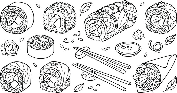 Japanese sushi roll food icons set with maki california roll temaki chopsticks soy sauce ginger linear outline vector