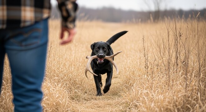 Black Labrador Retriever dog fetching deer antlers in dry grass field with owner
