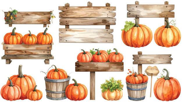 Pumpkins in wooden buckets and boards.