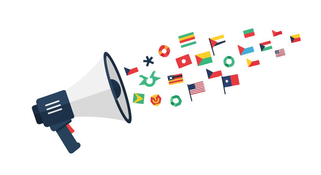 Global Communication and International Marketing Concept Illustration with Megaphone and World Flags Icons