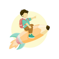 Boy riding a pencil rocket. Back to school, education and imagination concept vector art