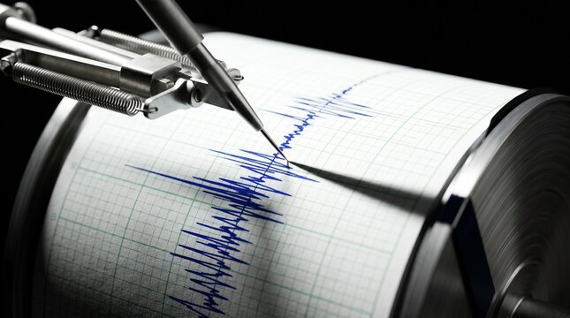 Seismograph recording seismic activity with pen on paper roll